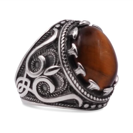SIG-008 Carved Brown Stone Mens Signet Ring (1)
