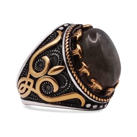 SIG-009 Carved Steel and Gold Mens Signet Ring (1)