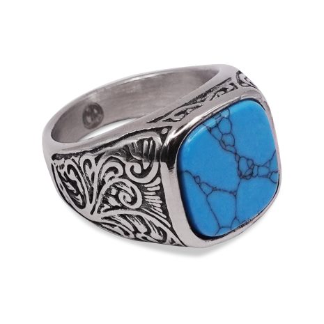 SIG-035 Carved Steel Blue Marble Mens Signet Ring (1)
