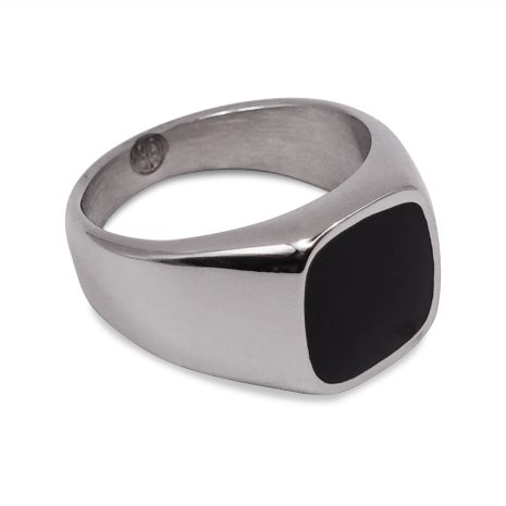 SIG-036 Polished Steel Small Black Inly Signet Ring (1)